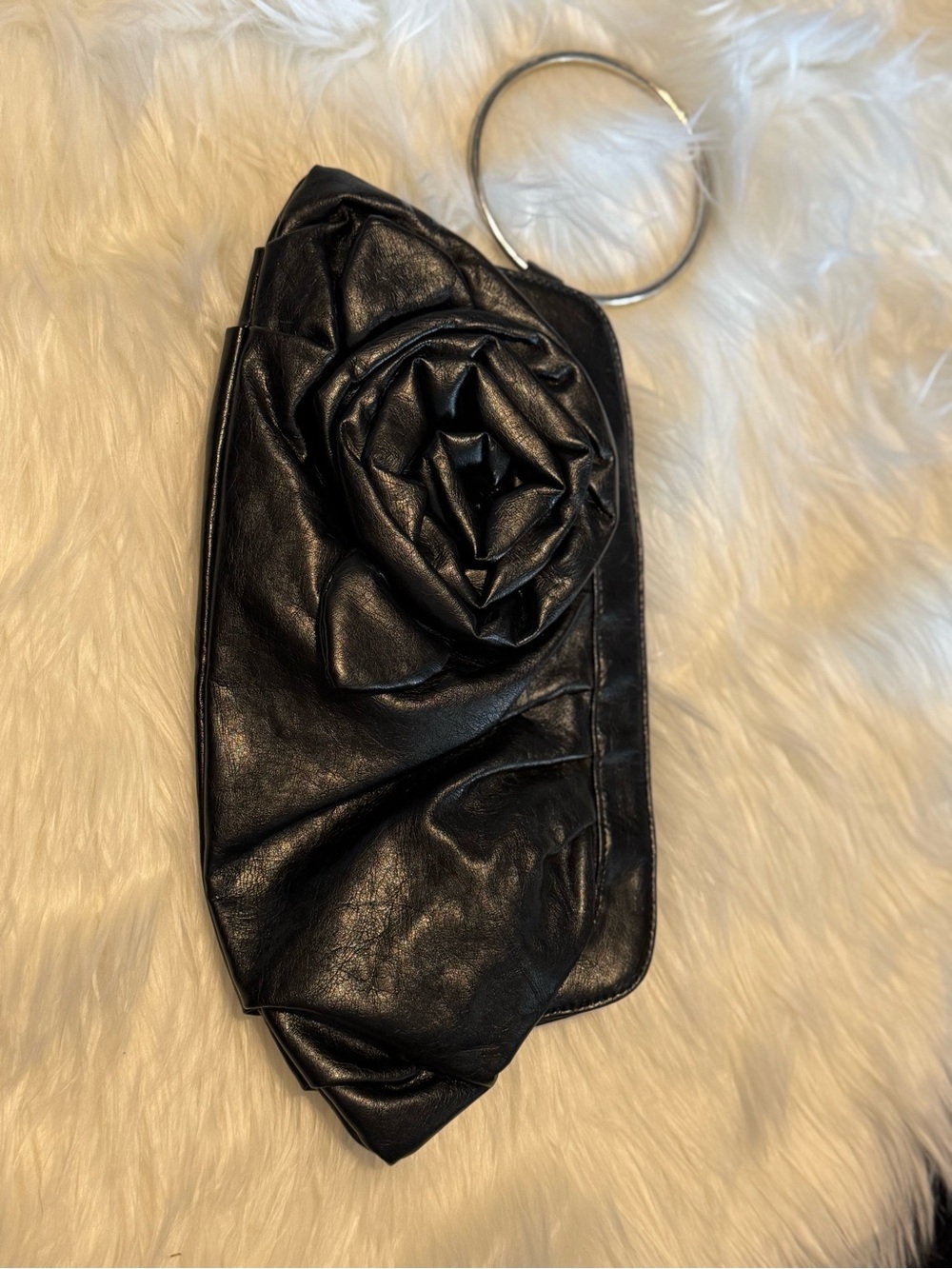 Elegant Black Floral Ring-Handle Wristlet Clutch
